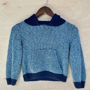 Vintage Blue Hooded Long Sleeve Handmade Knit Sweater Toddler Size 2T 3T 4T